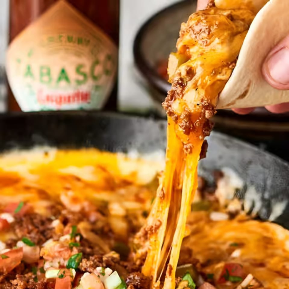 Hand holding a cheesy taco, pulling melted cheese from a skillet of ground meat and vegetables.