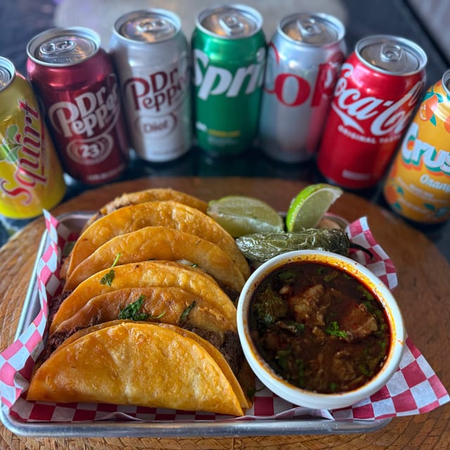 3 QuesaBirria tacos, 1 console and 1 can soda.