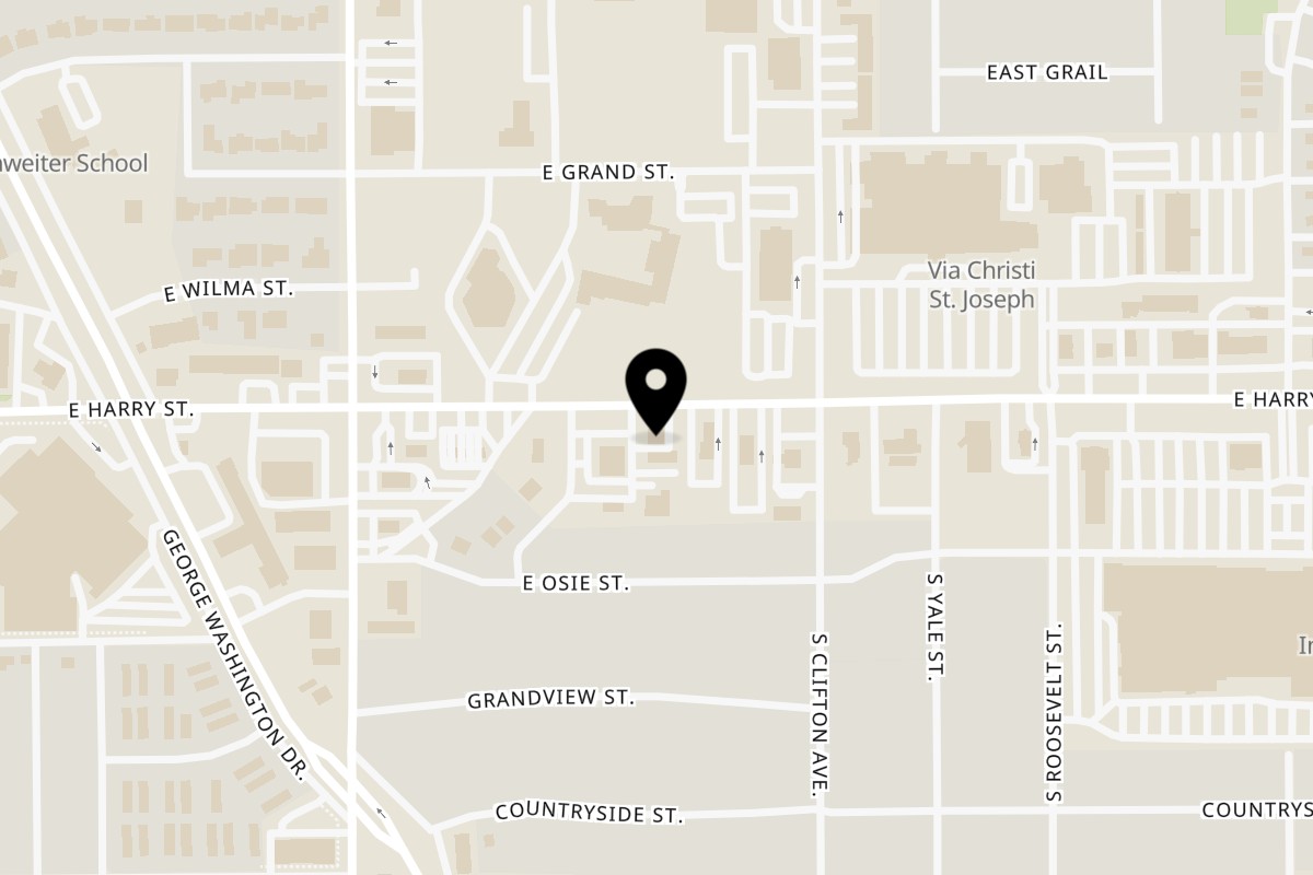 Map showing the location of La Chona con Huevos on 3415 East Harry Street in Wichita